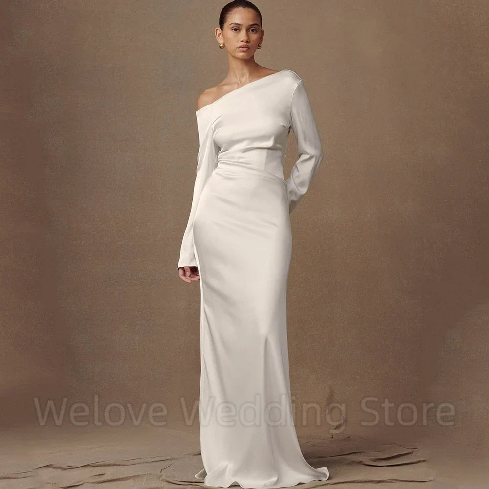 Simple Boat Neck Mermaid Wedding Dress Bride Long Sleeves Off the Shoulder with Buttons Soft Satin Customized Gowns