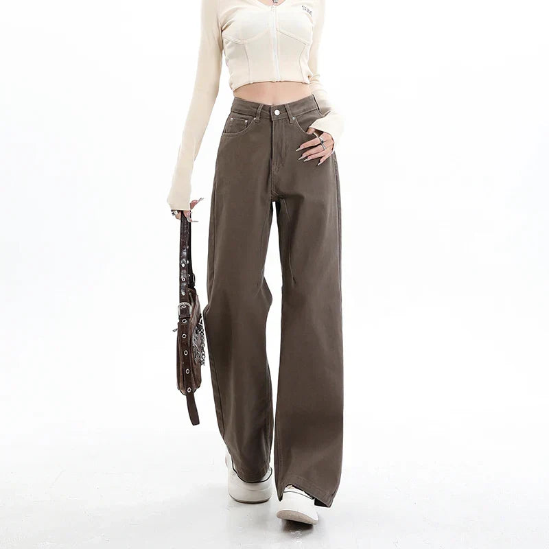 Baggy High Street Fashion Straight brown Jeans for Women's Y2k High Waist Female Clothing Solid Color Casual Wide Denim Trousers