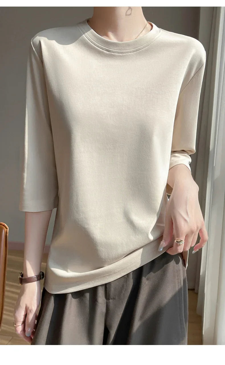 Mercerized Cotton Cropped Sleeve Female Spring And Summer 2023 New Round Neck Loose 100% Cotton Short Sleeve Bottoming T-Shirt