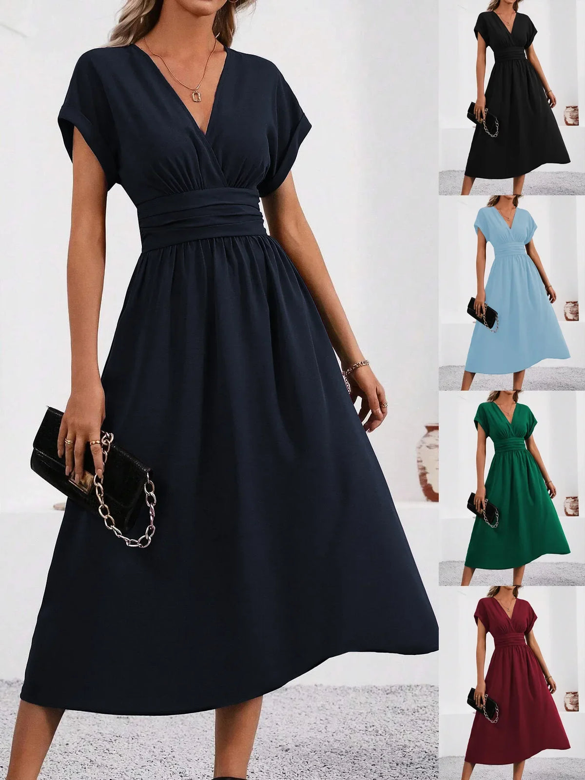 Dresses 2027 Woman Summer Solid-Color V-Neck Batwing-Sleeve Pleated Long Elegant Dress Woman Clothing Tops Skirts Y2k Clothes