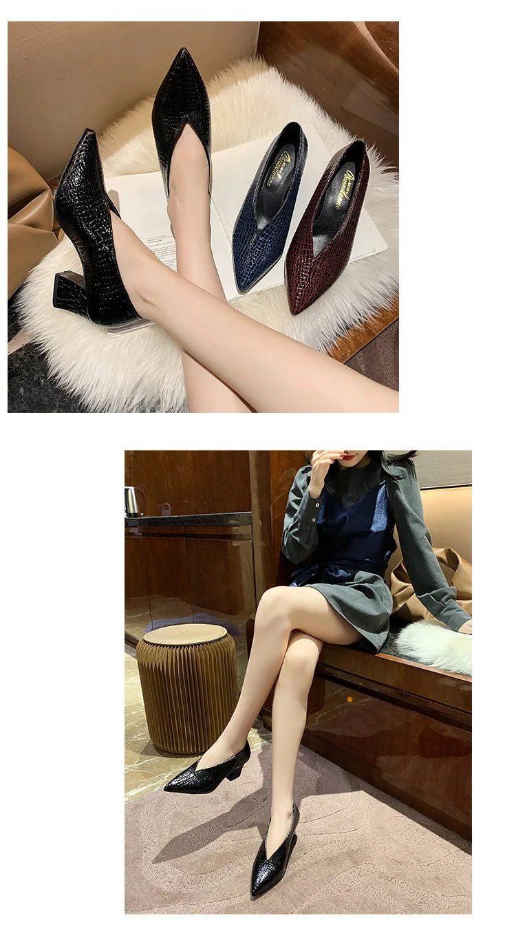 Vintage black Soft Leather Shallow Pointed Toe Thick Heel Women's Flats 2024 New Spring Summer High Heel Versatile High Shoes