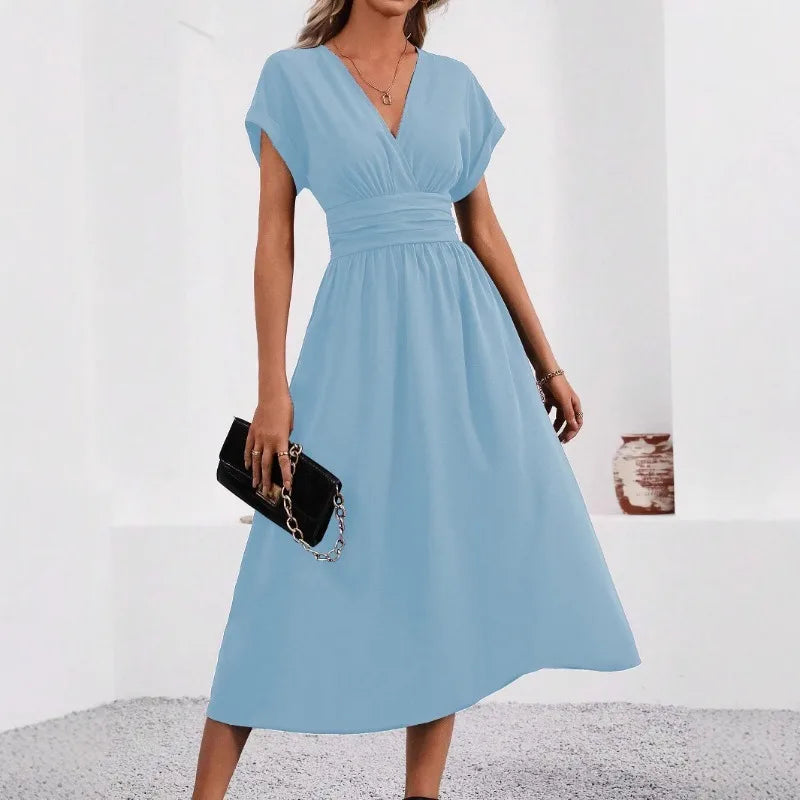 Dresses 2027 Woman Summer Solid-Color V-Neck Batwing-Sleeve Pleated Long Elegant Dress Woman Clothing Tops Skirts Y2k Clothes