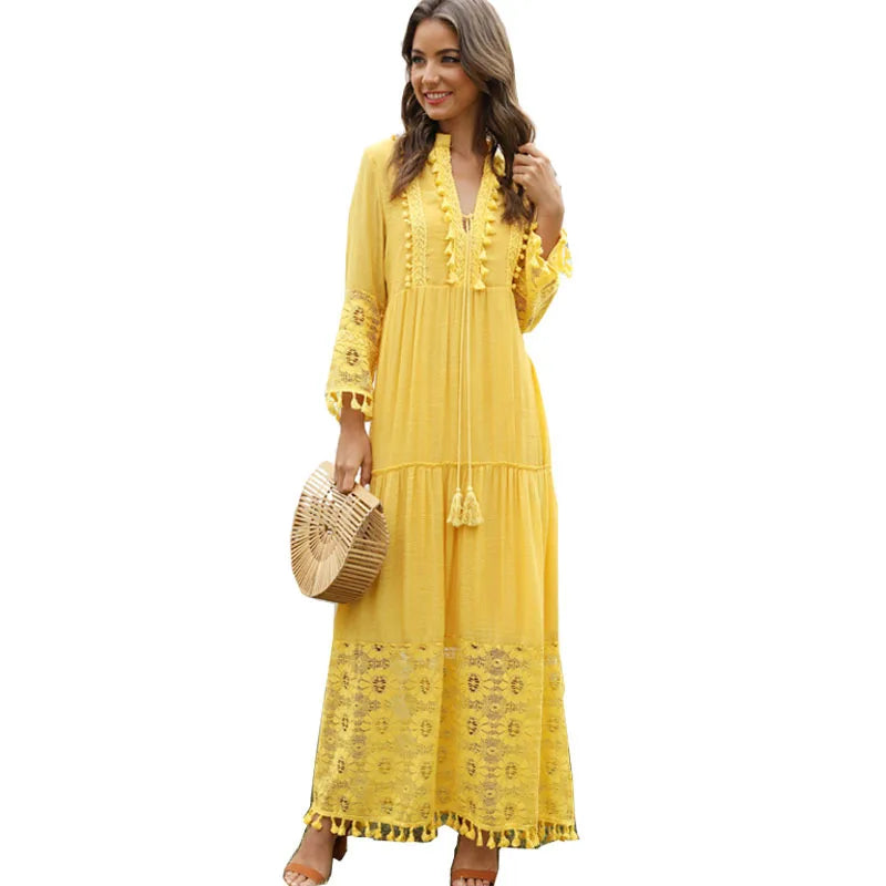 Ladies Bohemian V-Neck Tassel Large Size Casual Dress Women Lace Solid Fashion Dress Elegant Robe Boho Holiday Long Dress