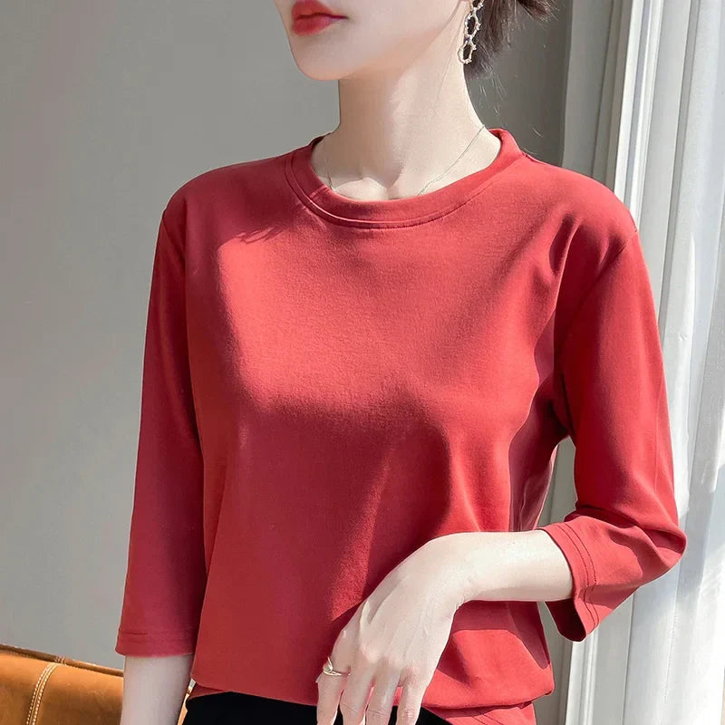 Mercerized Cotton Cropped Sleeve Female Spring And Summer 2023 New Round Neck Loose 100% Cotton Short Sleeve Bottoming T-Shirt
