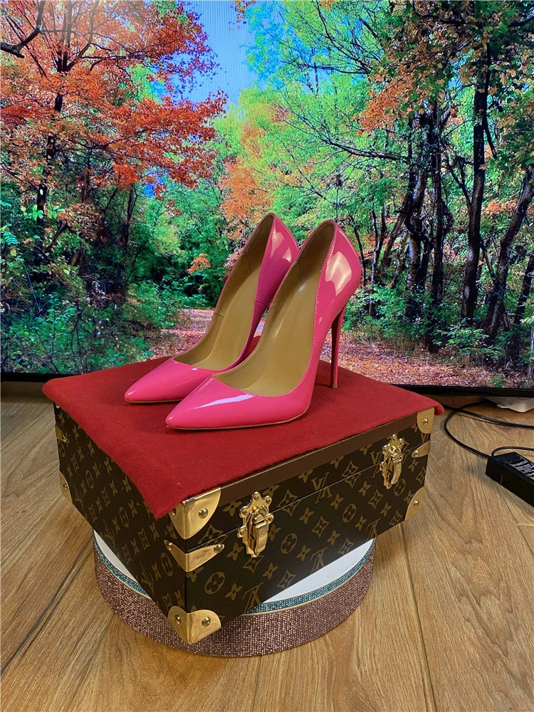 Multi color customized 12cm super high heels, nude white patent leather, sexy red sole, pointed thin single order shoes
