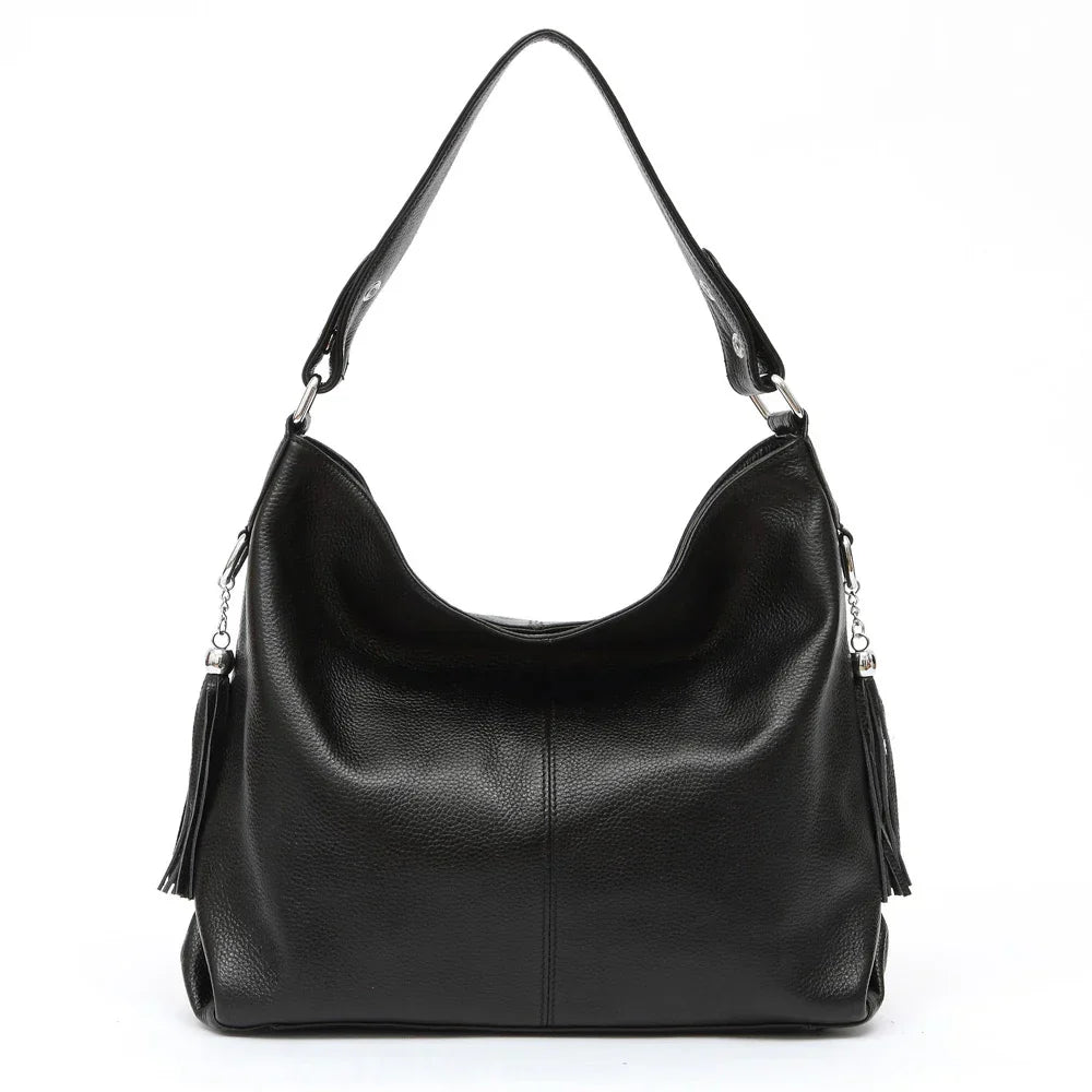 Elegant Beige Women Genuine Leather Handbag Hobo Bag Fashion Crossbody Tassel Big Capacity Shopper Tote Purse Sac Hot Sale