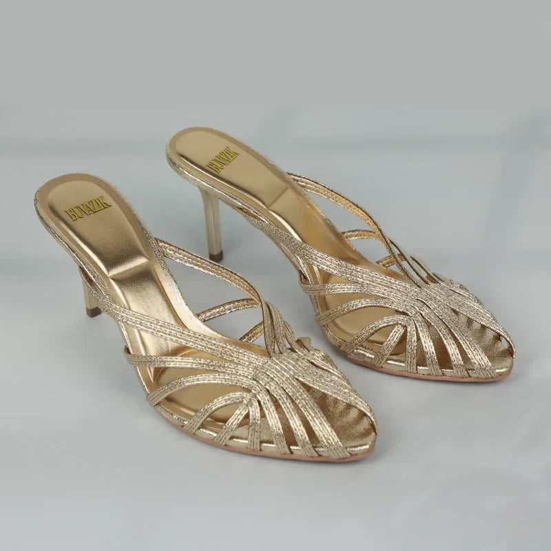 New Gold Hollow Thin Strip Heels for Women Luxury Pointed Toe Heeled Pumps Office Lady Mules Summer Stiletto Shoe Sandals 2025