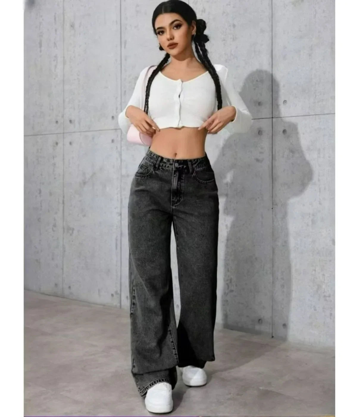 Women's Classic Wide Leg Stretch Jeans with Button  Soft Comfortable Autumn Winter Vintage Wash Stylish Jeans High Street Pants