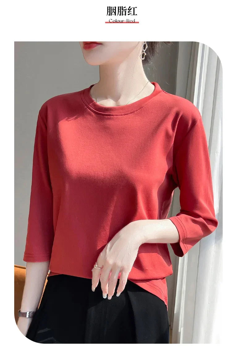 Mercerized Cotton Cropped Sleeve Female Spring And Summer 2023 New Round Neck Loose 100% Cotton Short Sleeve Bottoming T-Shirt