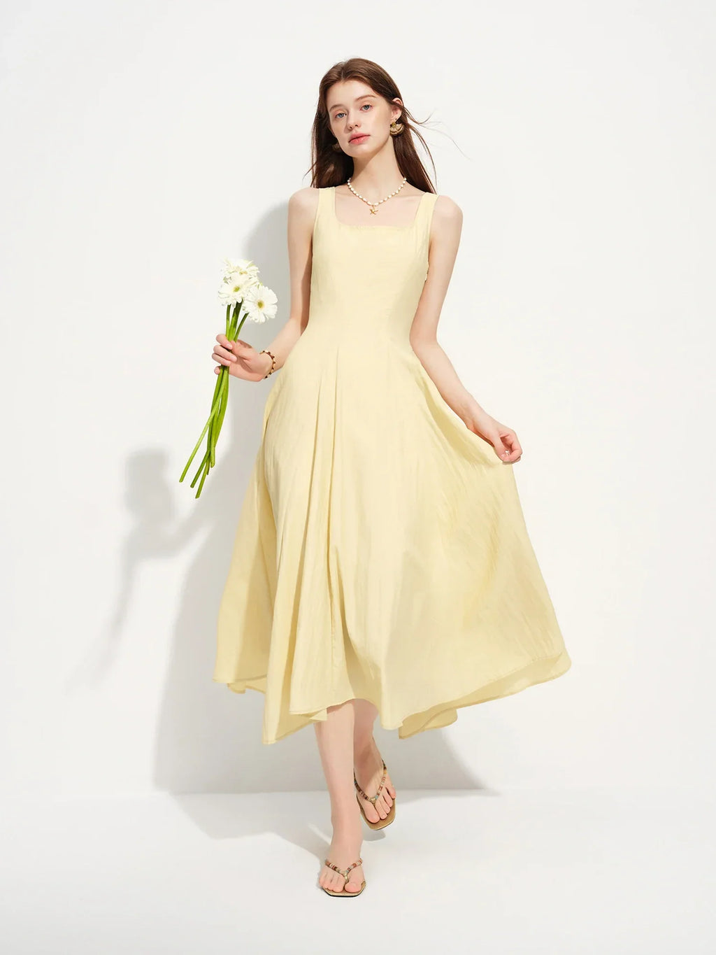 2026 Summer Women's Square Neck A-Line Midi Dress, Sleeveless Waist-Cinching Flowy Maxi for Minimalist Quiet Luxury Style