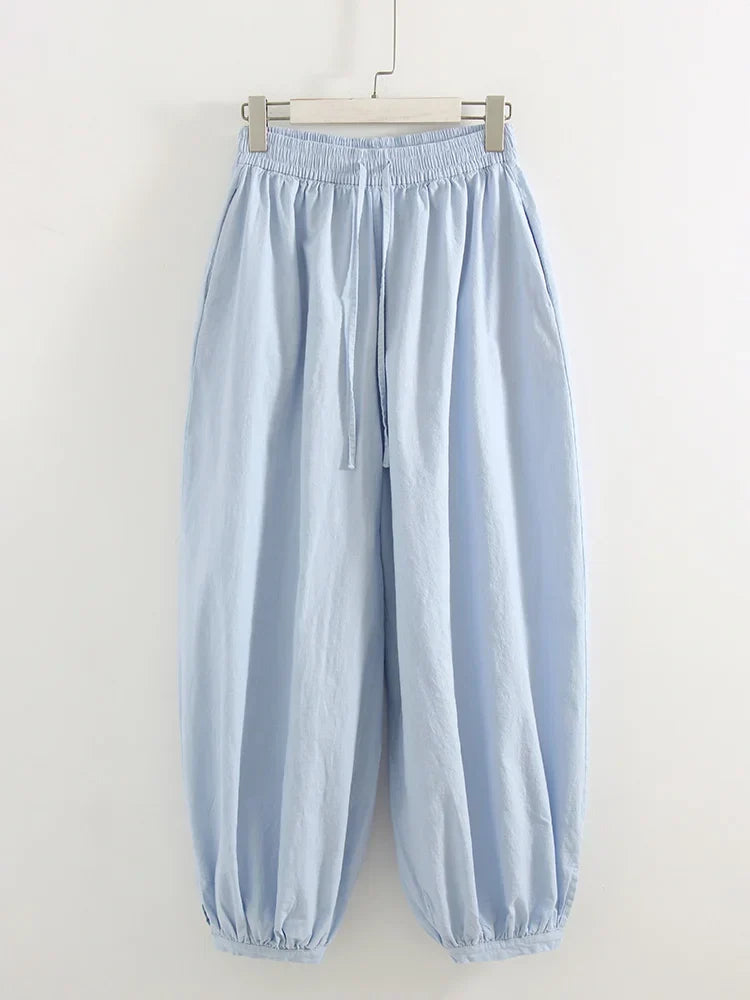 Summer Cotton Oversized Pants For Women Blue Baggy Aladdin Trousers Elastic Bloomers Navy Blue Cropped Lantern Harem Pants Woman