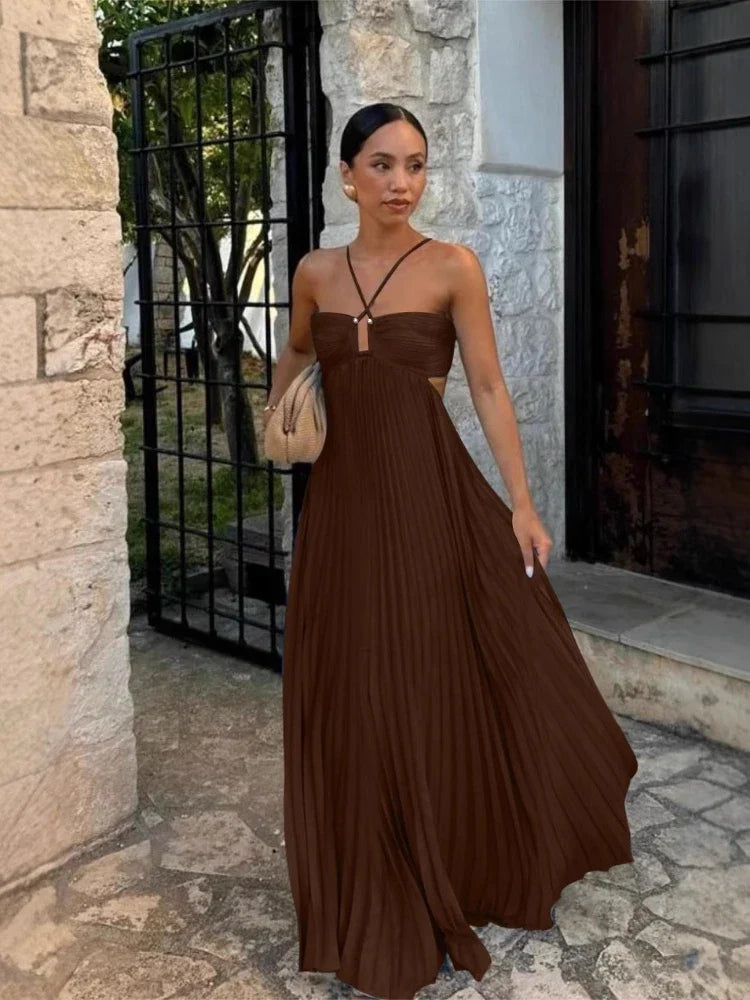 2026 New Women's Fashionable and Elegant Summer Camisole Beach Vacation Long Dress Elegant Backless Pleated Long Dress