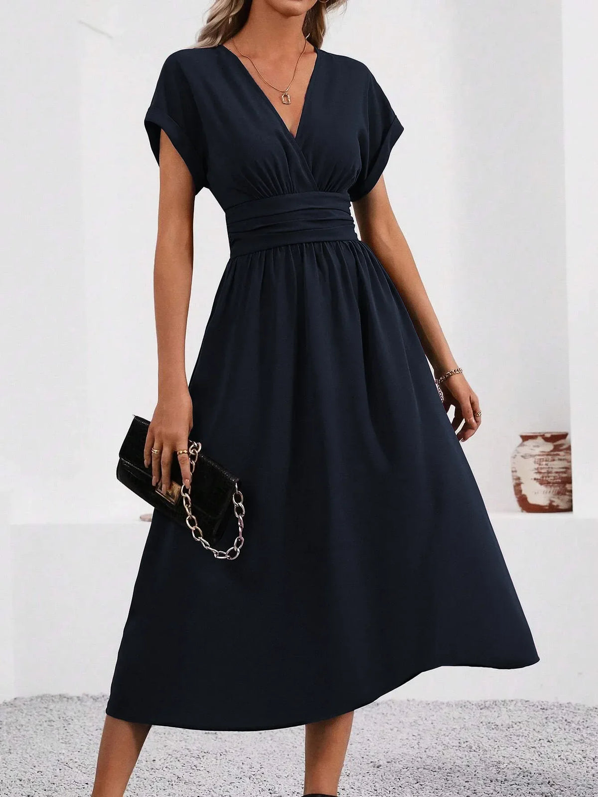 Dresses 2027 Woman Summer Solid-Color V-Neck Batwing-Sleeve Pleated Long Elegant Dress Woman Clothing Tops Skirts Y2k Clothes